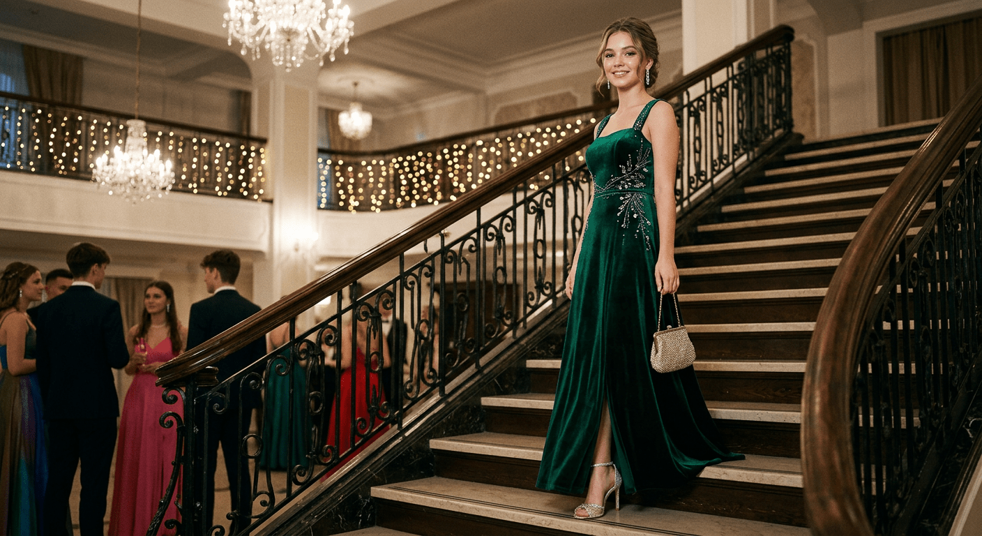Devojka u glamuroznoj maturskoj haljini pozira na elegantnom stepeništu
