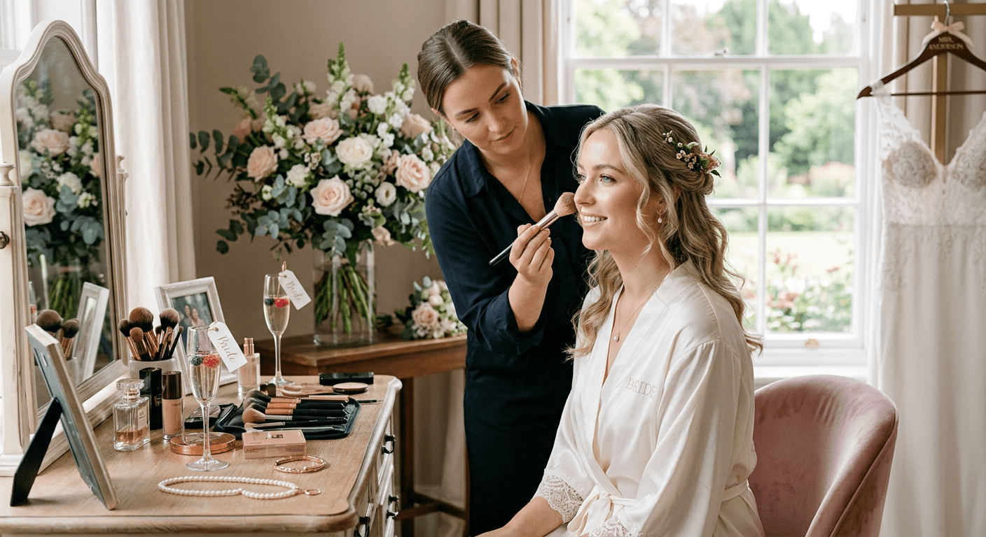 Mlada na dan venčanja tokom pripreme makeup-a — nežan bridal look uz jutarnju svetlost