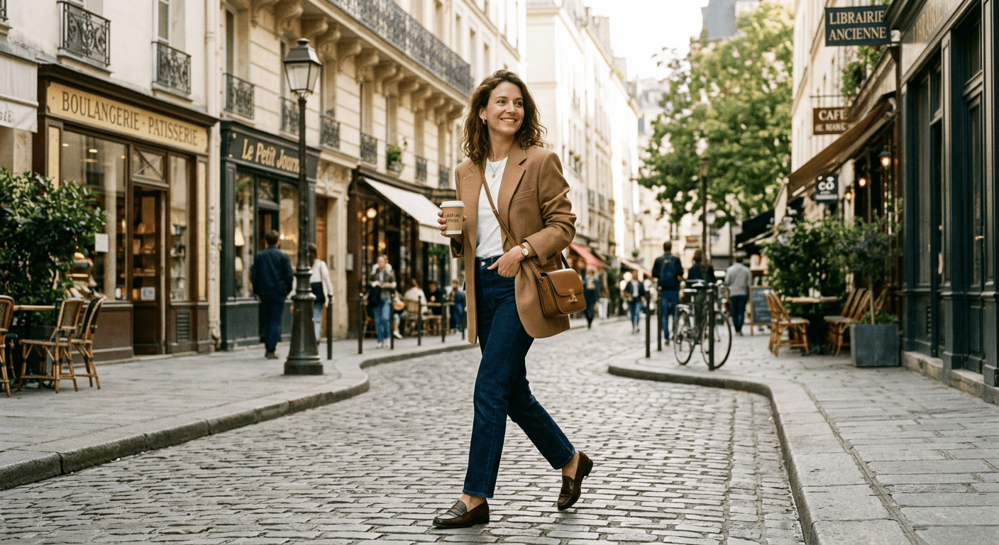 Casual chic outfit — žena u tamnim farmerkama, beloj majici i kamel blazeru na ulici