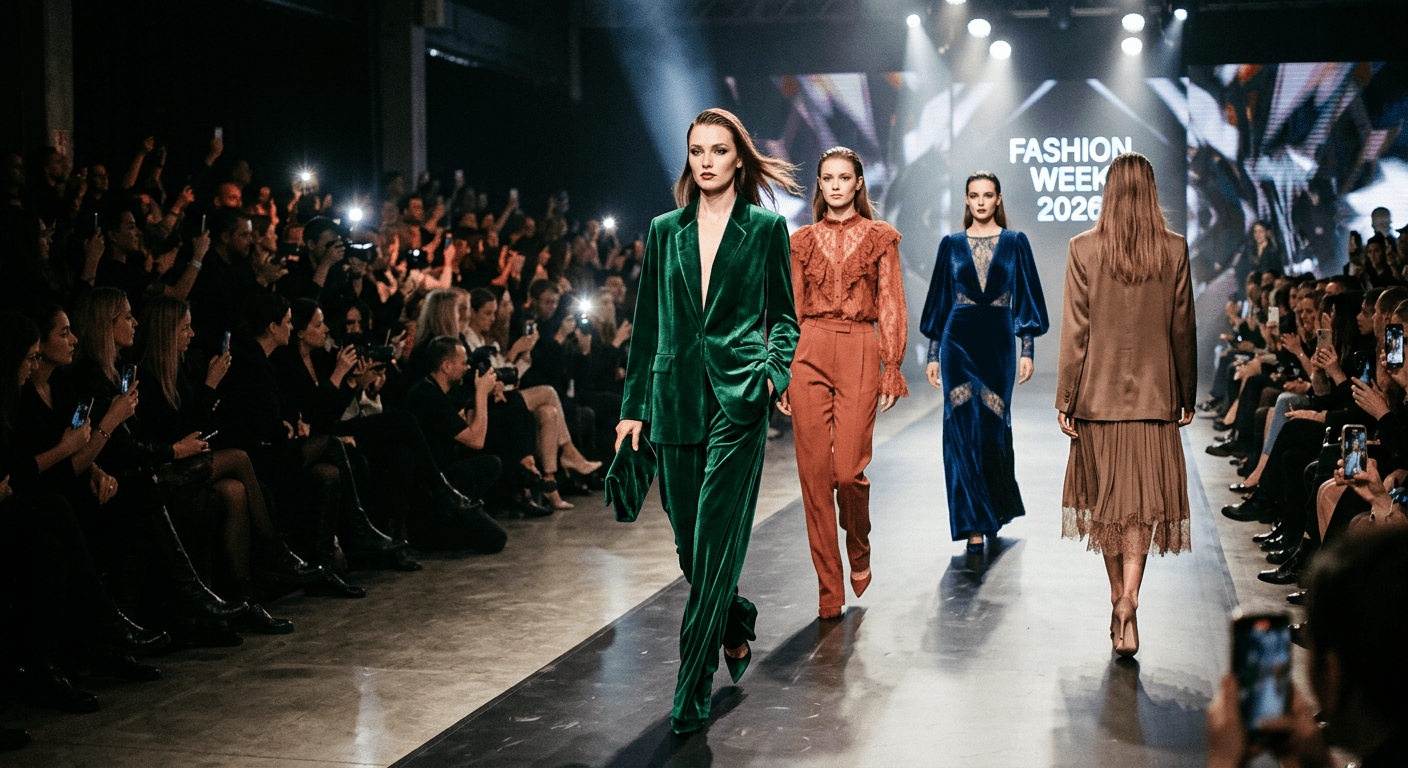 Modni trendovi za 2026 — modeli na pisti u fluid tailoring blazerima, monohromnim outfitima i velvet haljinama