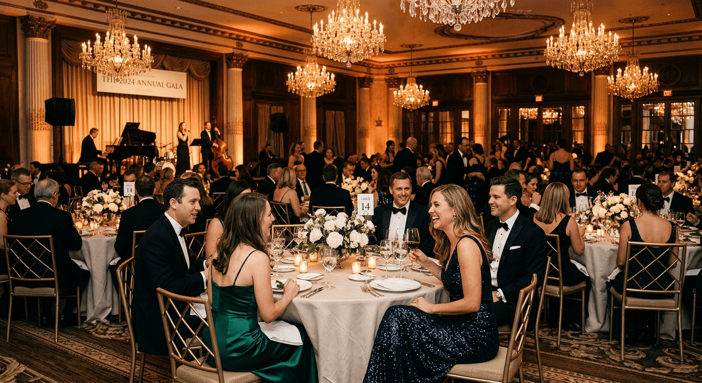 Elegantna gala večera sa gostima u svečanim outfitima i lusterima