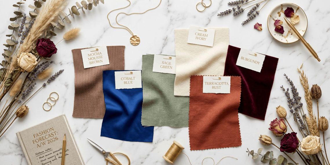 Paleta trendovskih boja za 2026 — mocha mousse, cobalt blue, sage green, cream i terracotta uzorci